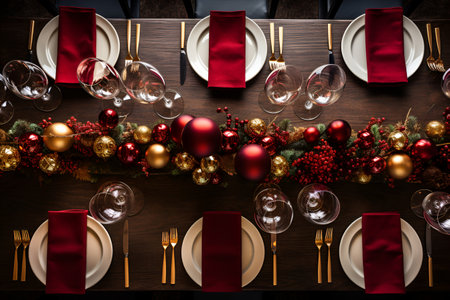 Festive, simple Christmas table with several glasses filled with red wine. With Generative AI technology.の素材
