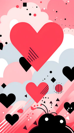 Valentine's Day background, in the form of graphic geometric bright elements, with copy space, in bright red color. On a blue background, bright and rich for design. With Generative AI technology.の素材