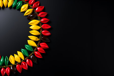 Mockup for design with empty space for Black History Month holiday symbolizing unity and pride. Symbolizing colors on a black background. With Generative AI technology.の素材