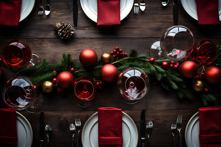 Festive, simple Christmas table with several glasses filled with red wine. With Generative AI technology.の素材