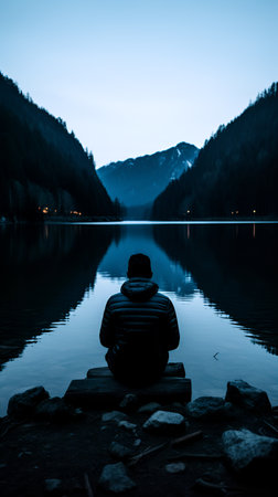 Silhouette of a man observing nature, secluded in solitude. With Generative AI technology.の素材