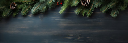 Fir branches with Christmas decorations. View from above. With Generative AI technology.の素材