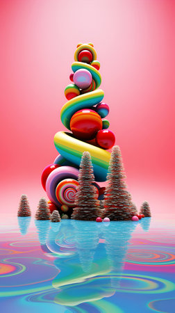 Surreal Christmas background design using acidic colors, psychedelic culture, fictional tree. With Generative AI technology.の素材