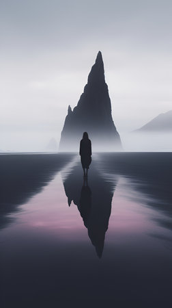 Silhouette of a woman observing nature, secluded in solitude. With Generative AI technology.の素材