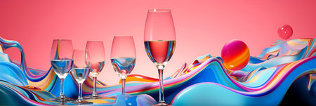 A glass of sparkling wine on a bright background with empty space. Banner with geometric shapes. With Generative AI technology.の素材