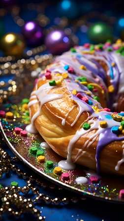 King Cake on a purple background, with puffs and highlights, suitable for design with copy space, Mardi Gras celebration. With Generative AI technology.の素材