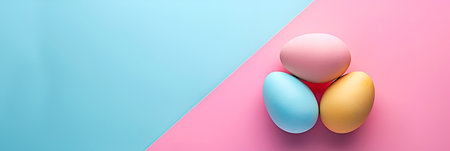 Easter concept with colorful eggs in bright colors in a minimalist style with copy space. Banner on a pink background. With Generative AI technology.の素材