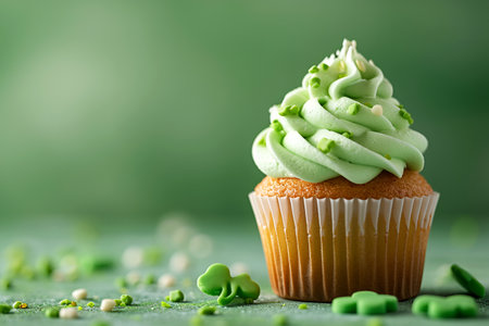 St. Patrick's Day cupcake with green four and clover on green background, party invitation design. With Generative AI technology.の素材