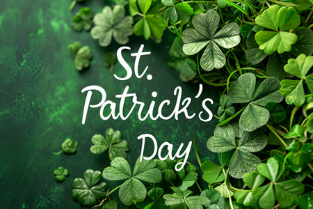 Card template with empty space for St. Patrick's Day with green four and clover on green background, with gold splashes for party invitation design. With lettering. With Generative AI technology.の素材