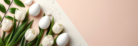 Easter concept with colorful eggs of delicate colors and flowers in a minimalist style with copy space. Banner on a pink background. With Generative AI technology.の素材
