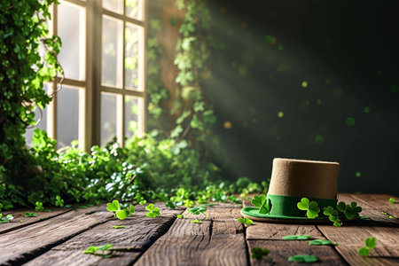 Card template with empty space for St. Patrick's Day with green four and clover on green background, with gold splashes for party invitation design. With Generative AI technology.の素材