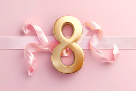 Golden number 8 on a pink background, greeting card for International Women's Day. With Generative AI technology.の素材