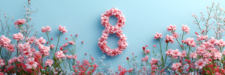 Number 8 made of flowers, colorful and rich blue background. Postcard and layout for International Women's Day. With Generative AI technology.の素材