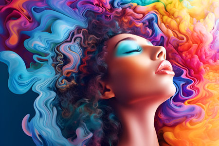 A girl against a background of surreal design using acid colors, psychedelic culture, will reflect overload with thoughts and digital technologies. With Generative AI technology.の素材