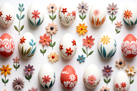 Easter egg in a floral arrangement around flowers, unique frame and composition. Located on a white background. With Generative AI technology.の素材