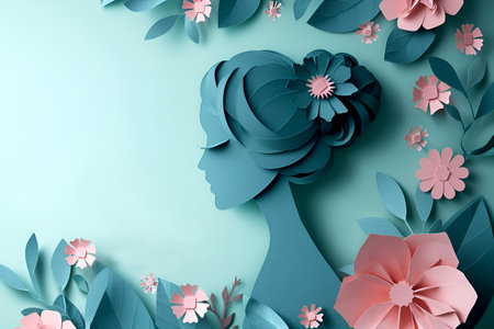 Abstract blue background illustration of silhouette of girls for the holiday of International Women's Day and Mother's Day. Composition of paper flowers and a girl. With Generative AI technology.の素材