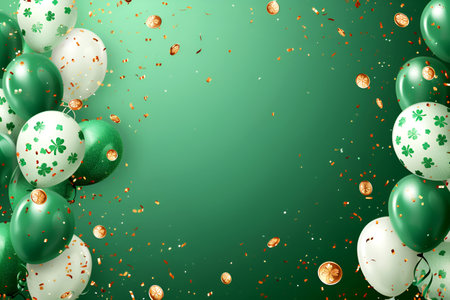 St. Patrick's Day card with Irish colored balloons on a green background, confetti and clover with gold coins, space for text. With Generative AI technology.の素材