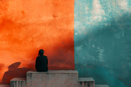 The concept of loneliness of a person up against a wall, an empty feeling, an epidemic of loneliness is developing. With Generative AI technology.の素材