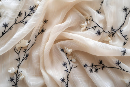 Background for design made of fabric and spring flowers. With Generative AI technology.の素材