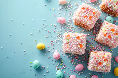 Easter lamingtons, coconut cakes on a blue background. With Generative AI technology.の素材