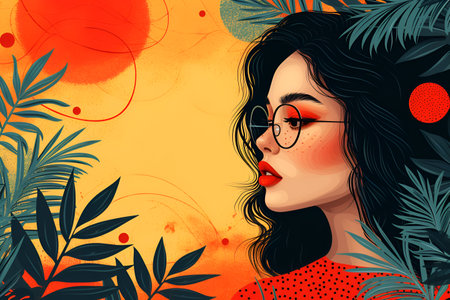 Conceptual illustration simple and concise, girl, layout for advertising, abstract city background. With Generative AI technology.の素材