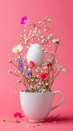 Easter egg and spring flowers in a cup of tea on a pink background, creative Easter holiday concept, minimalism for postcard design. With Generative AI technology.の素材