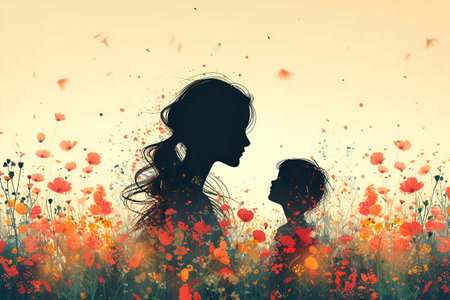 Illustration for Mother's Day, daughter and mother look at each other. With Generative AI technology.の素材