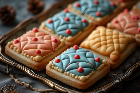 Cookies decorated with icing in a vintage quilt pattern in shades of blue and white. With Generative AI technology.の素材