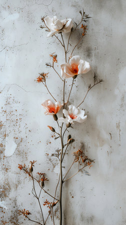 Flowers in muted, earthy tones, creating a feeling of calm and elegance and minimalism. Gray background. With Generative AI technology.の素材