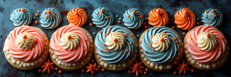 Cookies decorated with icing in a vintage quilt pattern in shades of blue and orange. With Generative AI technology.の素材
