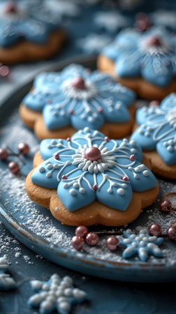 Cookies decorated with icing in a vintage quilt pattern in shades of blue and white. Christmas cookies background.With Generative AI technology.の素材