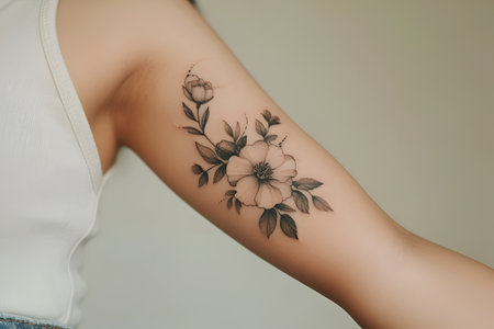 The trend of tattoos on a girl's hand reflects the spirit of freedom, rebellion and uniqueness. Delicate tattoo on a beige background. With Generative AI technology.の素材