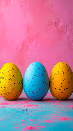 Easter concept with colorful eggs in bright colors in a minimalist style with copy space. Postcard on a pink background. With Generative AI technology.の素材