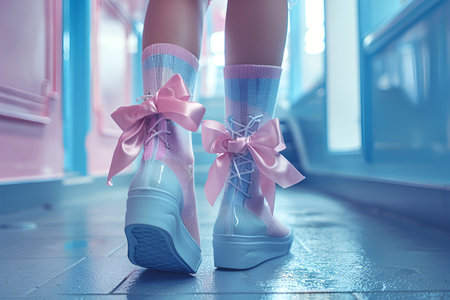 Beautiful socks decorated with bows are a symbol of hyper-femininity and reflect changes in public sentiment, where bows add sophistication and tenderness to looks. With Generative AI technology.の素材