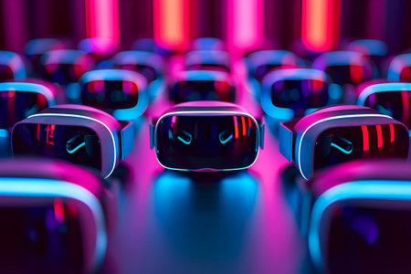 VR headset is located on a neon background with empty space for design. With Generative AI technology.の素材