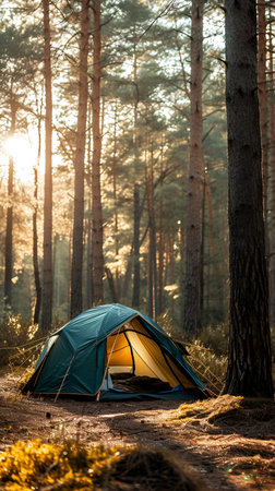 Camping tent close up concept of traveling while crossing landscape. With Generative AI technology.の素材