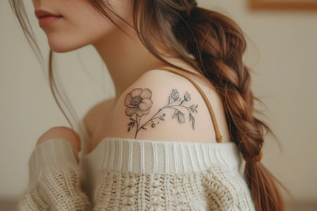 The trend of tattoos on a girl's hand reflects the spirit of freedom, rebellion and uniqueness. Delicate tattoo on a beige background. With Generative AI technology.の素材