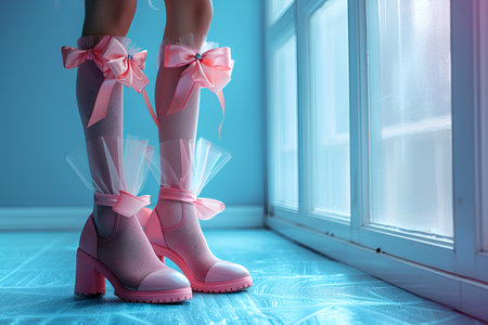 Beautiful socks decorated with bows are a symbol of hyper-femininity and reflect changes in public sentiment, where bows add sophistication and tenderness to looks. With Generative AI technology.の素材
