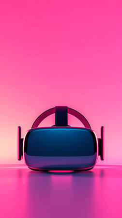 VR headset is located on a neon background with empty space for design. With Generative AI technology.の素材