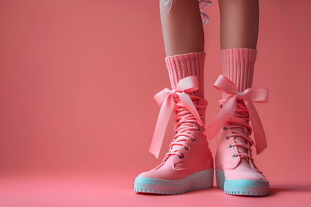 Beautiful socks decorated with bows are a symbol of hyper-femininity and reflect changes in public sentiment, where bows add sophistication and tenderness to looks. With Generative AI technology.の素材