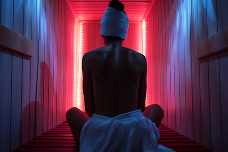 Silhouette of a woman with her back in a towel in a sauna, Infrared sauna and spa concept. With Generative AI technology.の素材