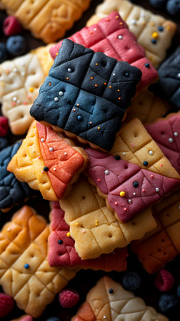 Cookies decorated with icing in a vintage quilt pattern in shades of blue and white. Background of multi-colored dough. With Generative AI technology.の素材