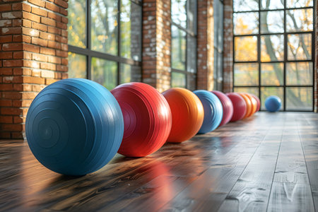 Pilates and stretching room, background with space for design and copy space. With Generative AI technology.の素材