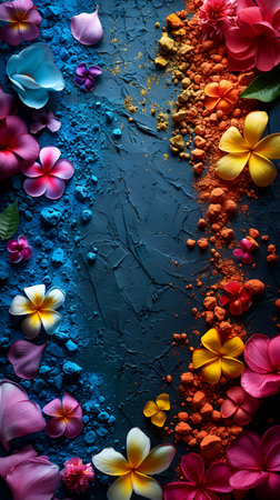 Holi background, colored powder on dark background with empty space for design. With Generative AI technology.の素材