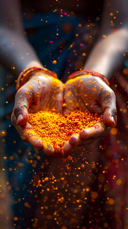 Background for Holi holiday, voluminous and airy colored powder on the palms of the hands and empty space for design. With Generative AI technology.の素材