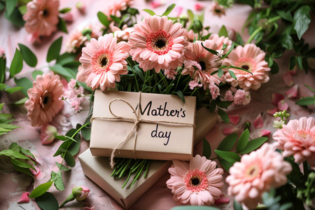 A greeting card for Mother's Day with flowers and a gift box on a pink background with the inscription Mother's Day, very colorful and delicate. With Generative AI technology.の素材
