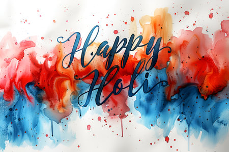 Holi background, voluminous and airy colored powder on a light background with happy holi text and empty space for design. With Generative AI technology.の素材