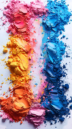 Holi background, voluminous and airy colored powder on a light background with empty space for design. With Generative AI technology.の素材