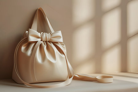 Bows on a bag are a symbol of hyper-femininity and reflect changes in public sentiment, where bows add sophistication and delicacy to looks. With Generative AI technology.の素材