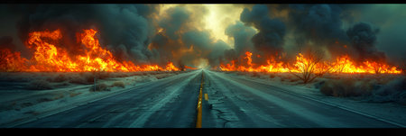 An empty road shrouded in smoke and fire, the view from a car window, burnt grass on the side of an empty road. Banner. With Generative AI technology.の素材
